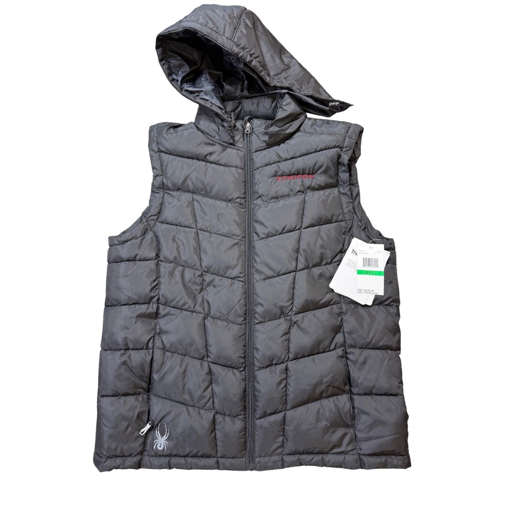 Spyder Puffer Vest Mens L Black New Hooded Quilted Insulated Ethicon S16642-BK